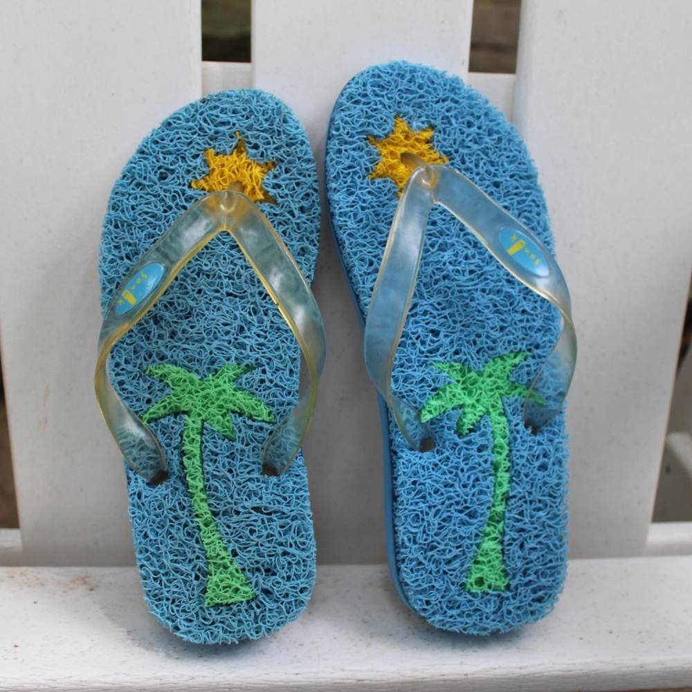 RARE Womens Vintage Sanuk Loofah Blue Flip Flops w Palm Tree & Sun Women's 10